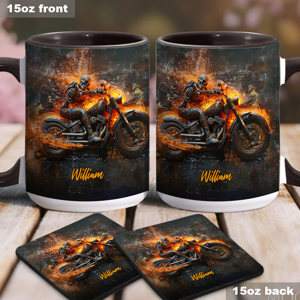 Mug personnalisé pour motard avec squelette sur une moto enflammée