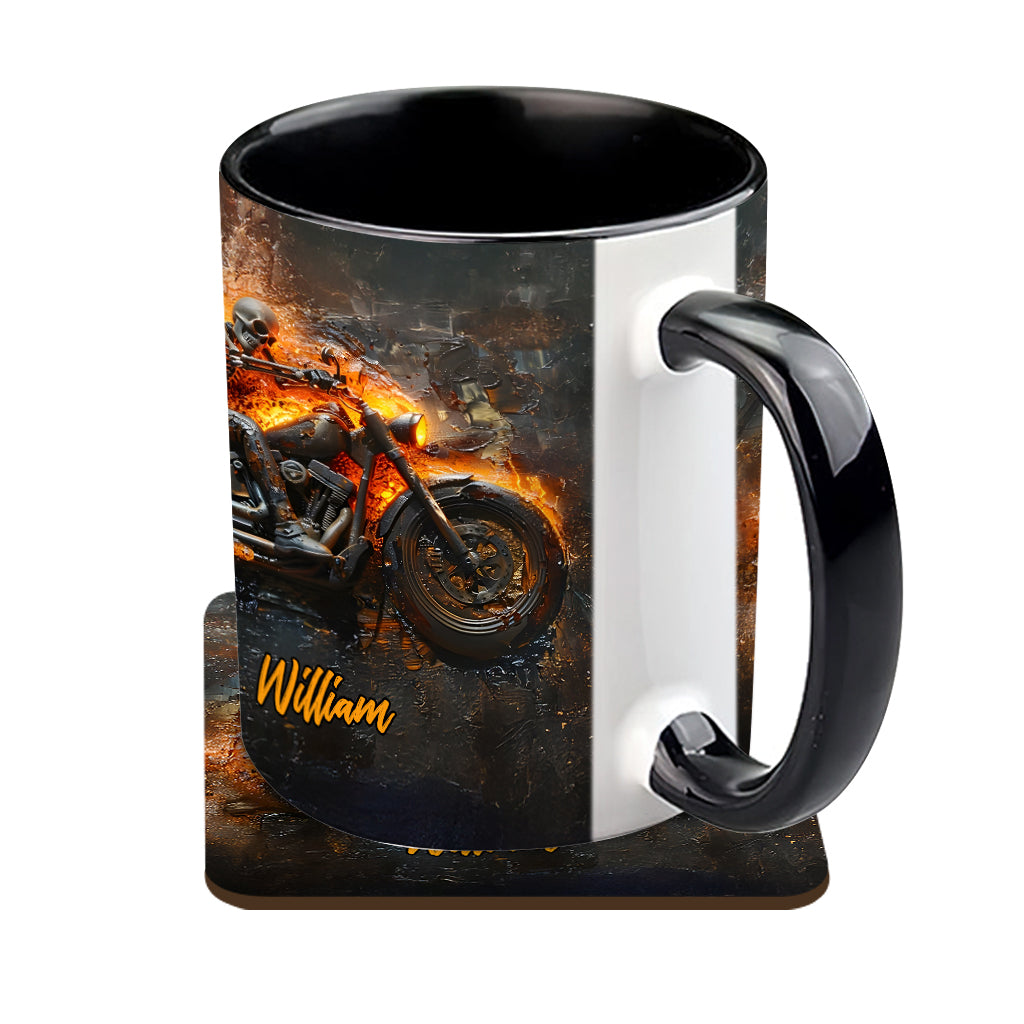 Mug personnalisé pour motard avec squelette sur une moto enflammée