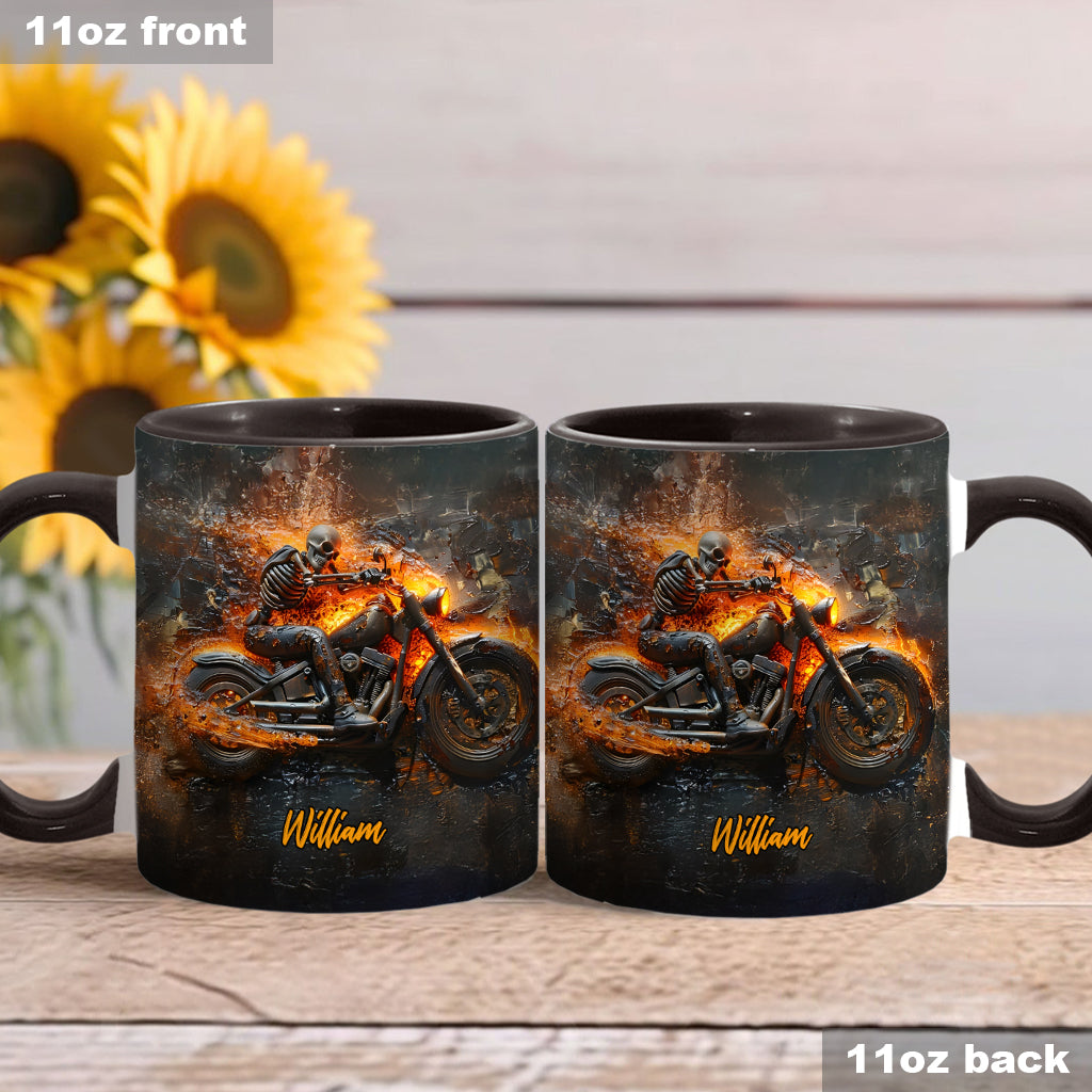 Mug personnalisé pour motard avec squelette sur une moto enflammée