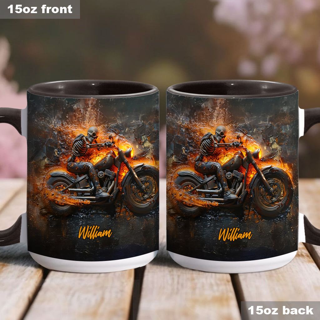 Mug personnalisé pour motard avec squelette sur une moto enflammée