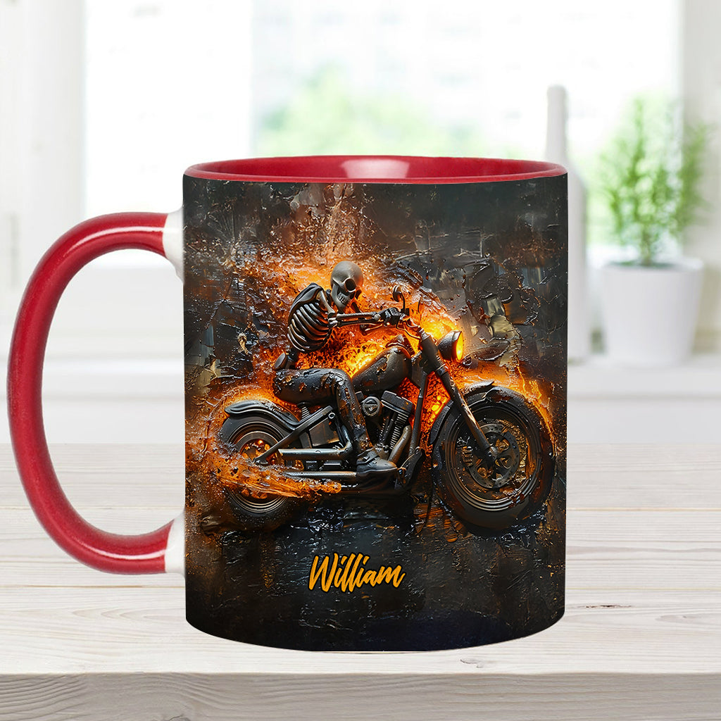 Mug personnalisé pour motard avec squelette sur une moto enflammée