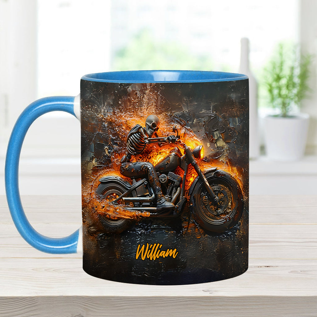 Mug personnalisé pour motard avec squelette sur une moto enflammée