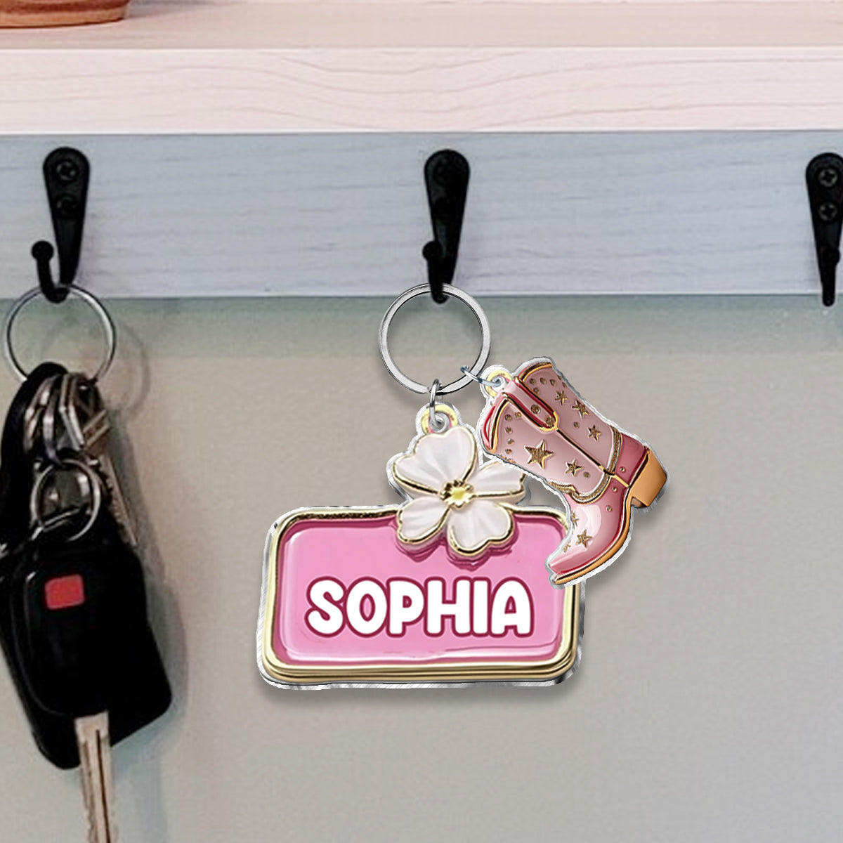 Porte-clés cowgirl rose personnalisé avec breloques