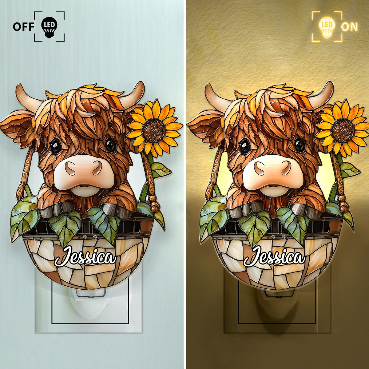 Niedliches Hochlandrind – Personalisierte Hochlandrind-Nachtleuchte aus Acryl zum Einstecken