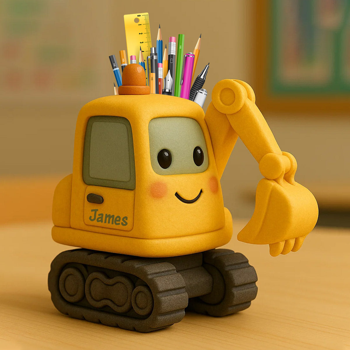 Cute Excavator - Personalized Kid Wooden Pen Holder
