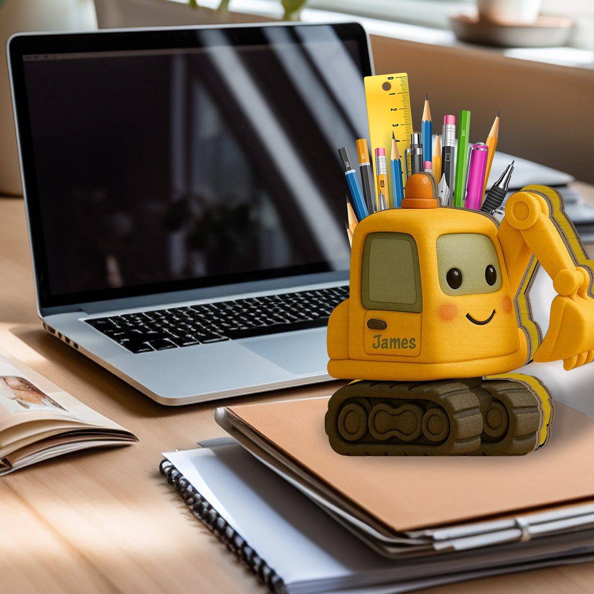 Cute Excavator - Personalized Kid Wooden Pen Holder