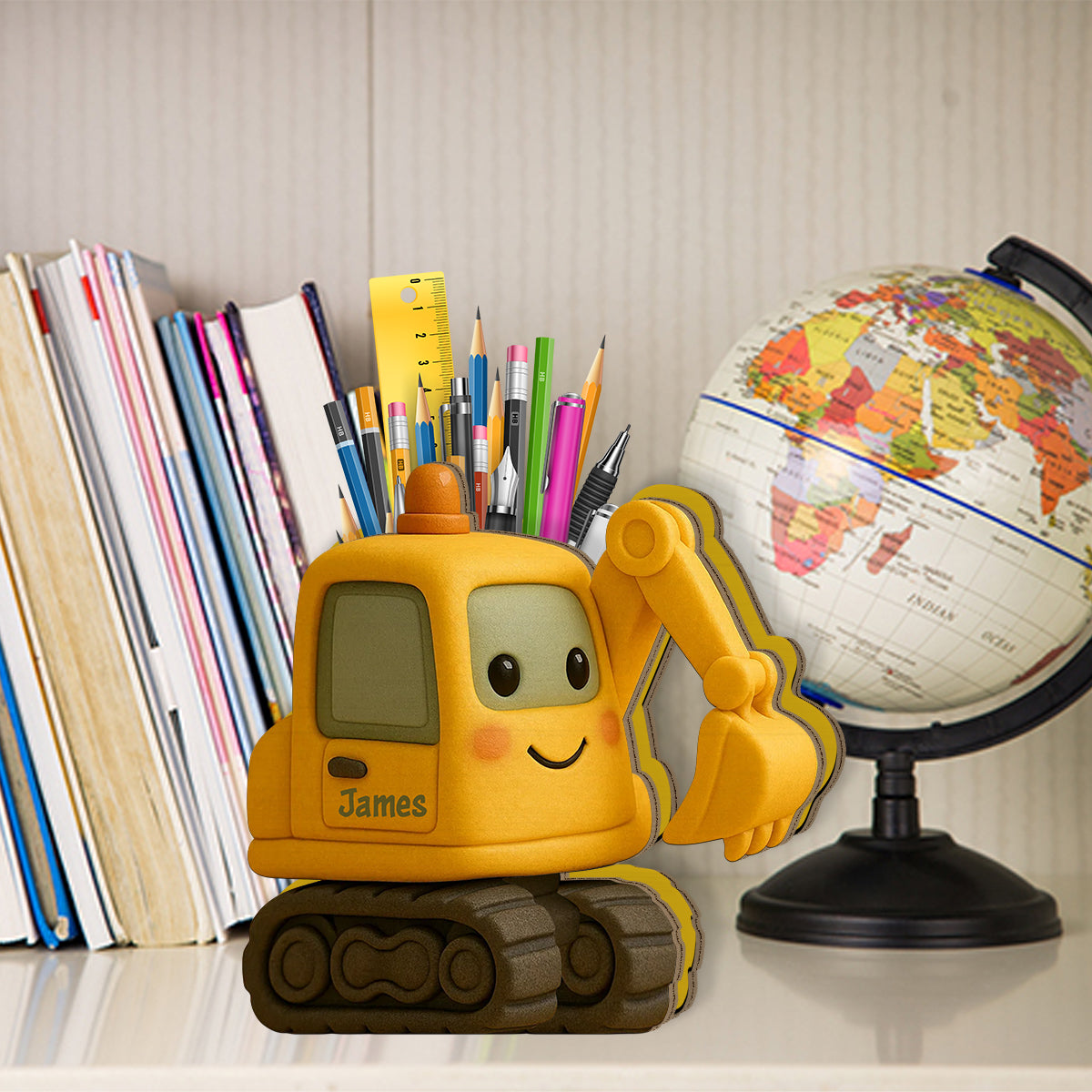 Cute Excavator - Personalized Kid Wooden Pen Holder