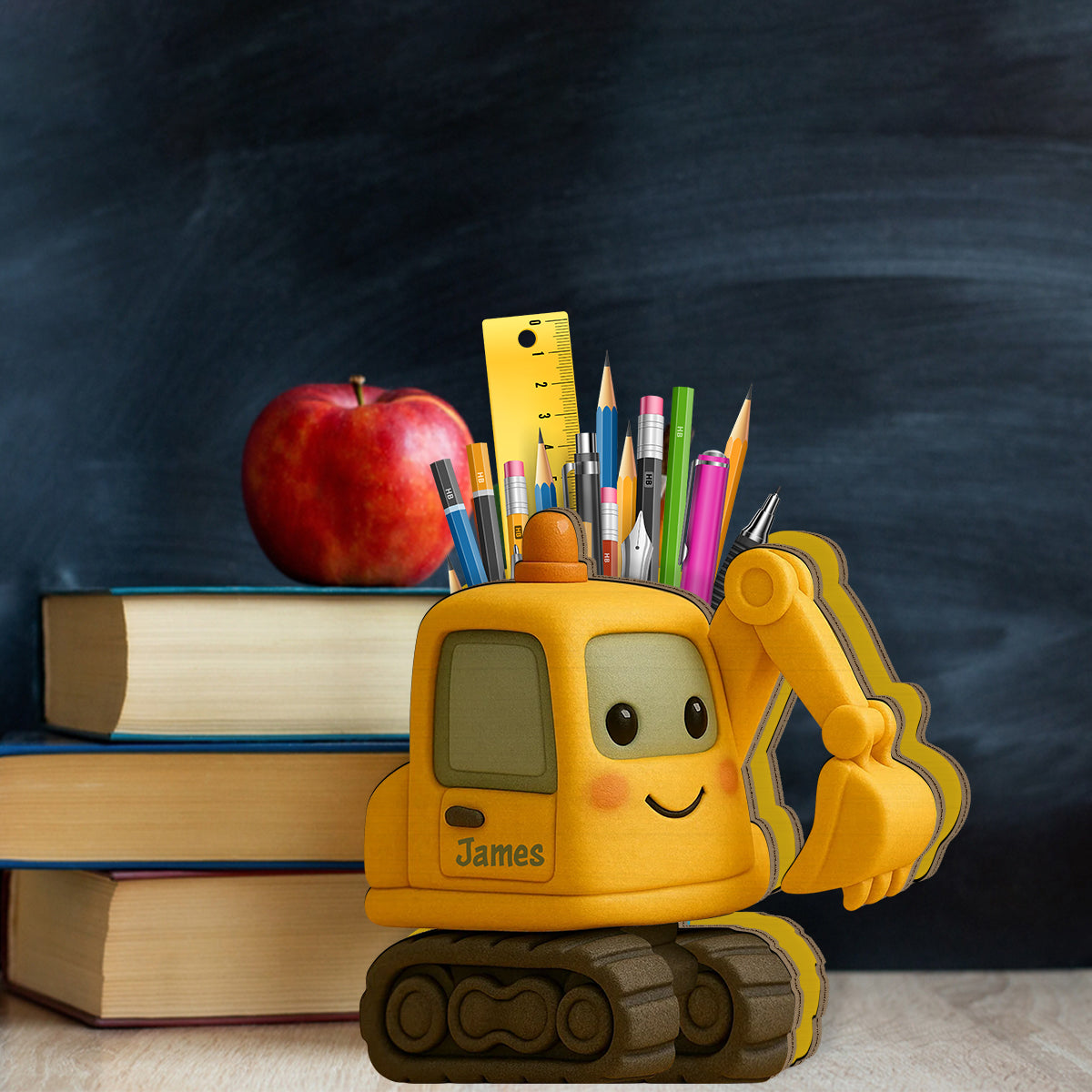 Cute Excavator - Personalized Kid Wooden Pen Holder