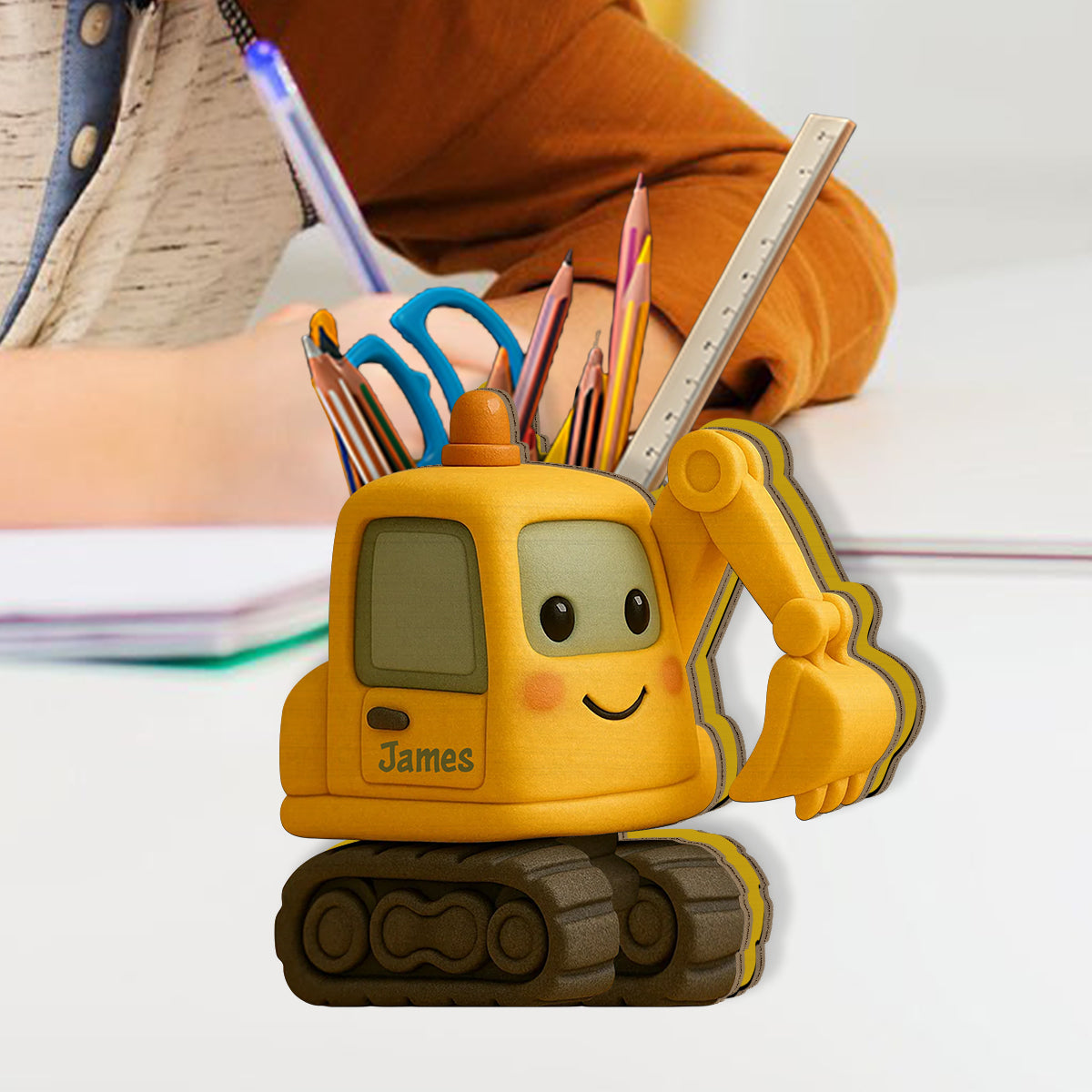 Cute Excavator - Personalized Kid Wooden Pen Holder