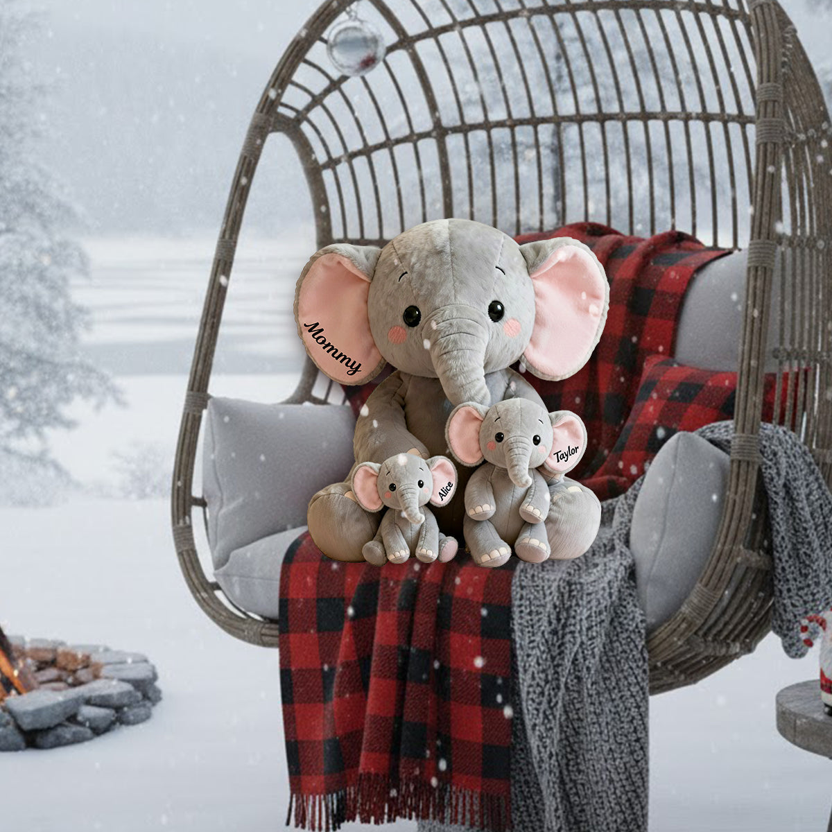 Elefantenmama/Oma mit kleinen Kindern/Enkeln – Personalisiertes Premium-Kunstfellkissen für Omas
