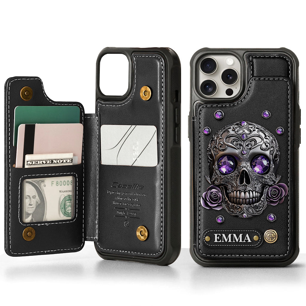 Beautiful Skull And Roses - Personalized Skull Wallet Phone Case