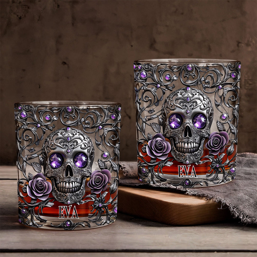 Beautiful Skull And Roses - Personalized Skull Whiskey Glass