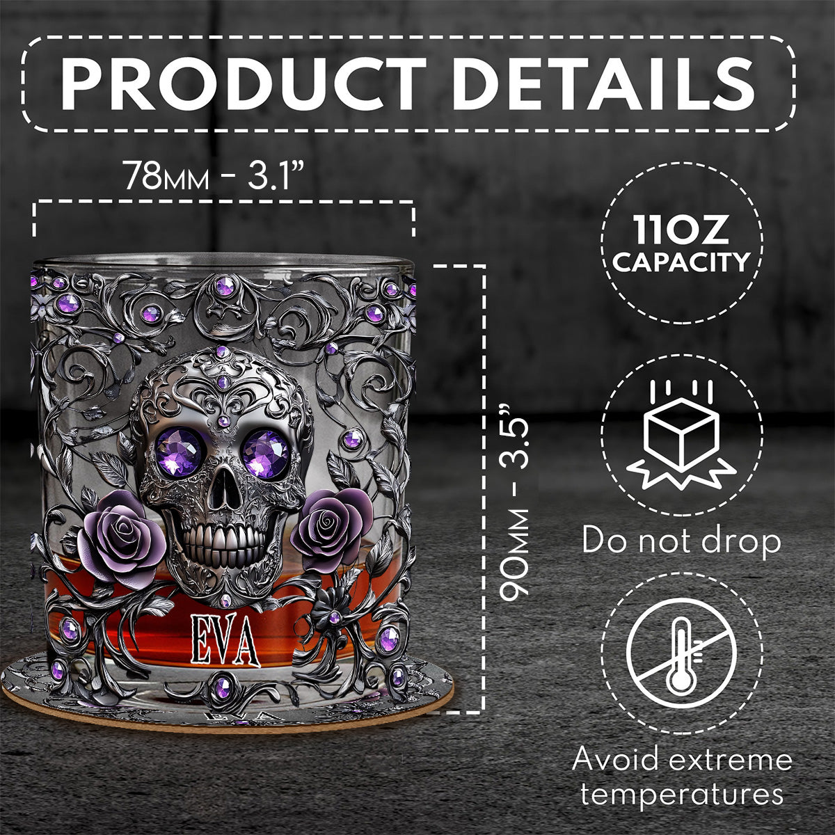 Beautiful Skull And Roses - Personalized Skull Whiskey Glass