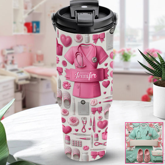 Nursing Is A Work Of Heart - Personalized Nurse Tumbler With Grip Handle