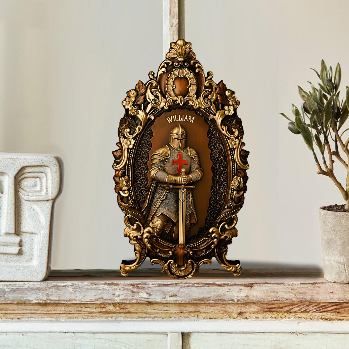 Ritter Gottes – Personalisierte christliche Holzplakette in individueller Form