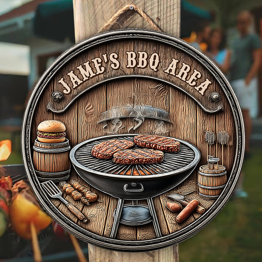 BBQ Area - Personalized Grilling Round Wood Sign
