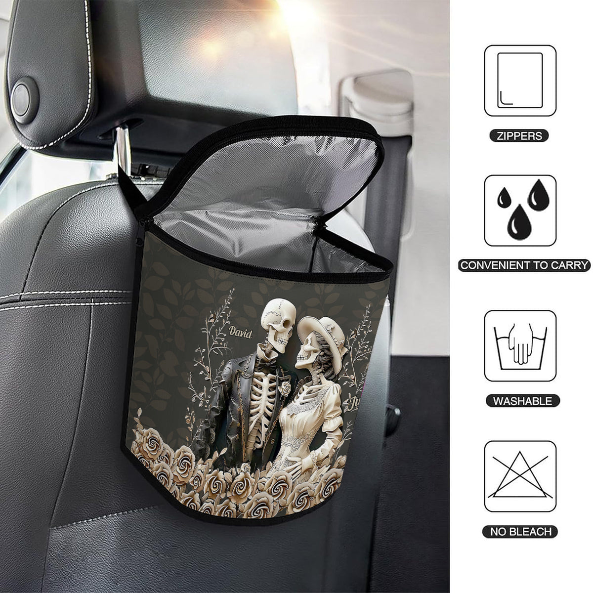 Romantic Skeleton Couple - Personalized Couple Portable Car Trash Can/ Organizer