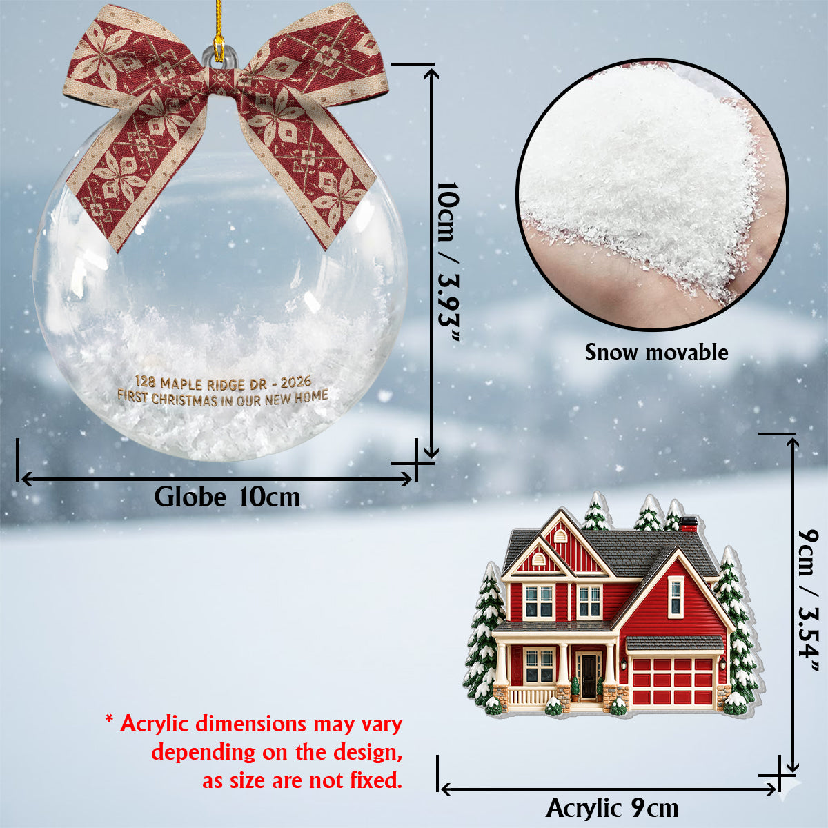 First Christmas in Our New Home - Personalized Family Snow Globe Ornament With Bow