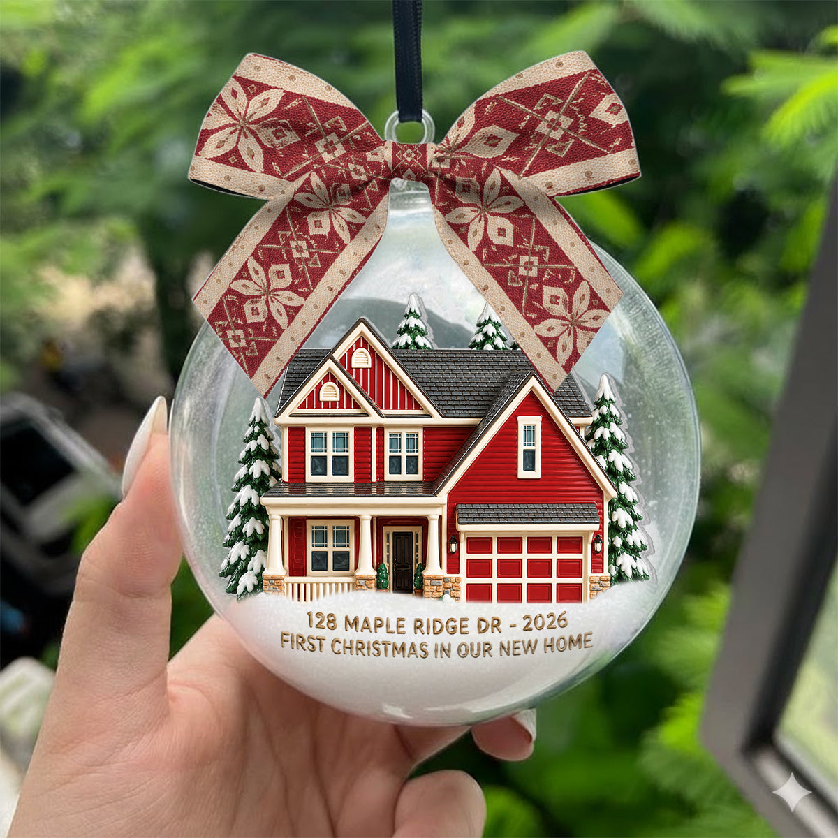 First Christmas in Our New Home - Personalized Family Snow Globe Ornament With Bow