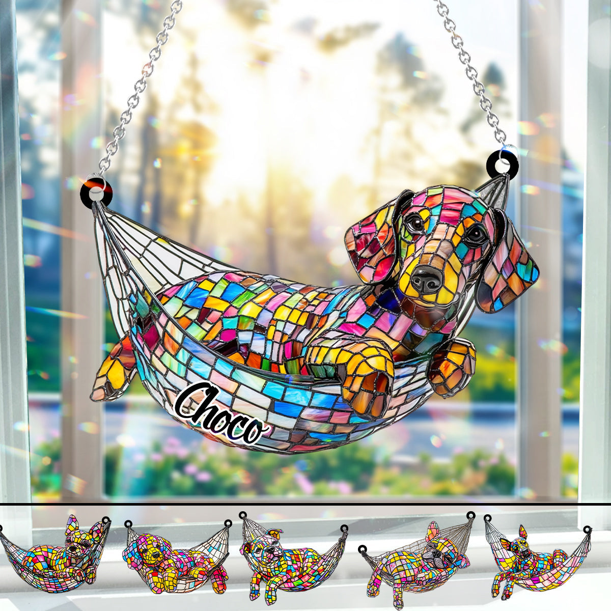 Stained Glass Chilling Dog - Personalized Dog Window Hanging Suncatcher Ornament