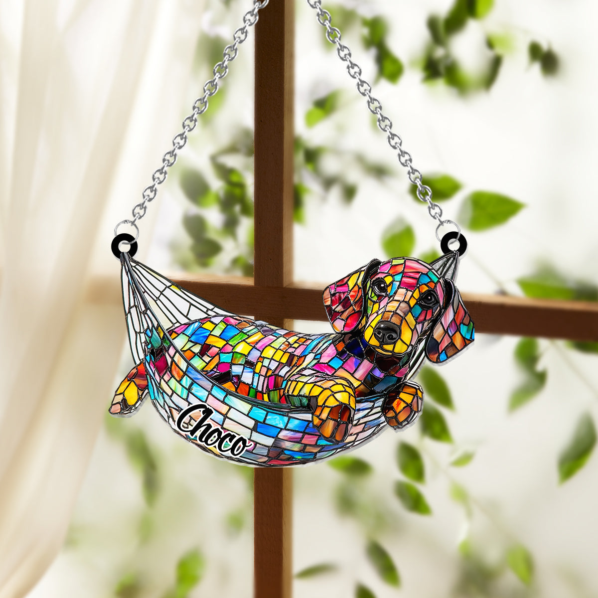 Stained Glass Chilling Dog - Personalized Dog Window Hanging Suncatcher Ornament