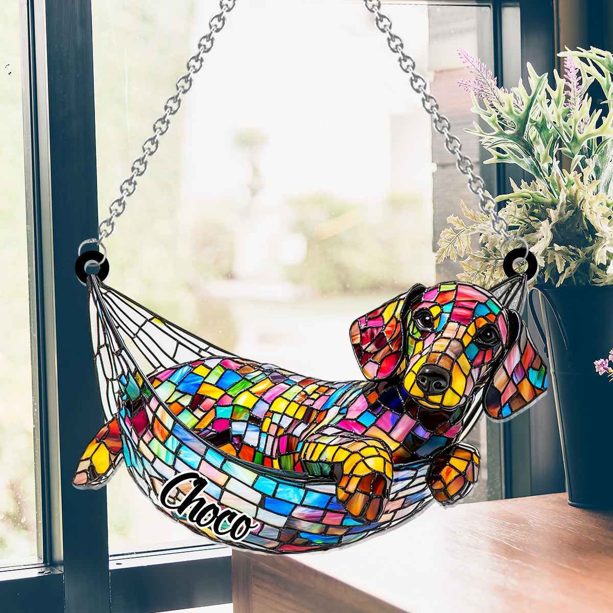 Stained Glass Chilling Dog - Personalized Dog Window Hanging Suncatcher Ornament