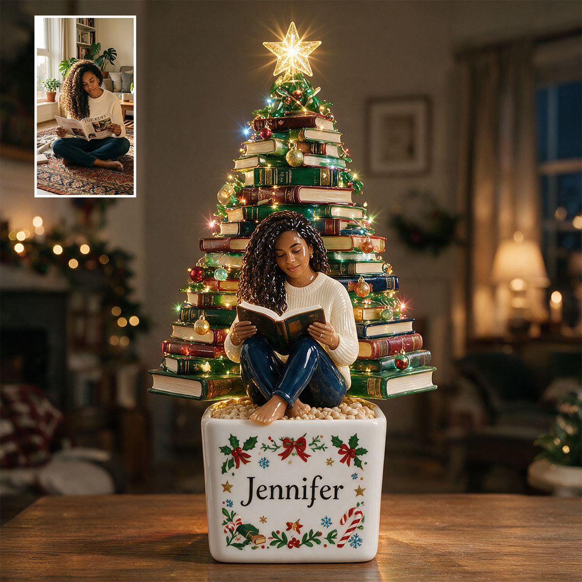 Books Christmas Tree - Personalized Book LED Light Ceramic Pot