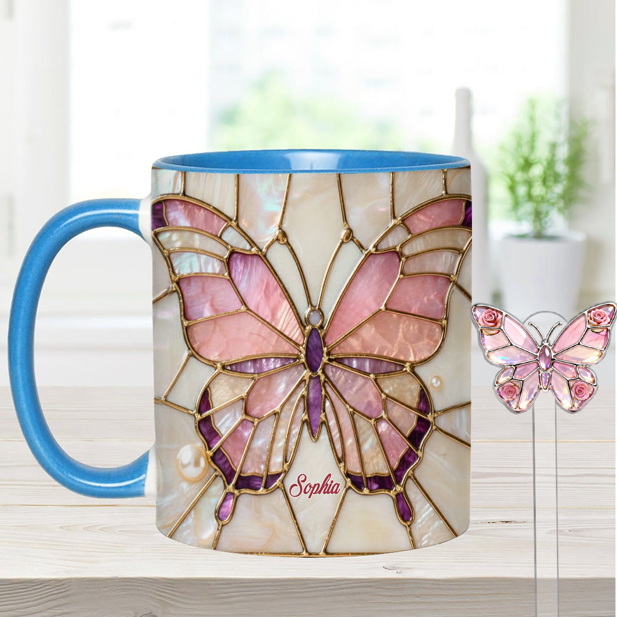 J'adore les papillons - Mug décoratif personnalisé avec agitateurs en acrylique
