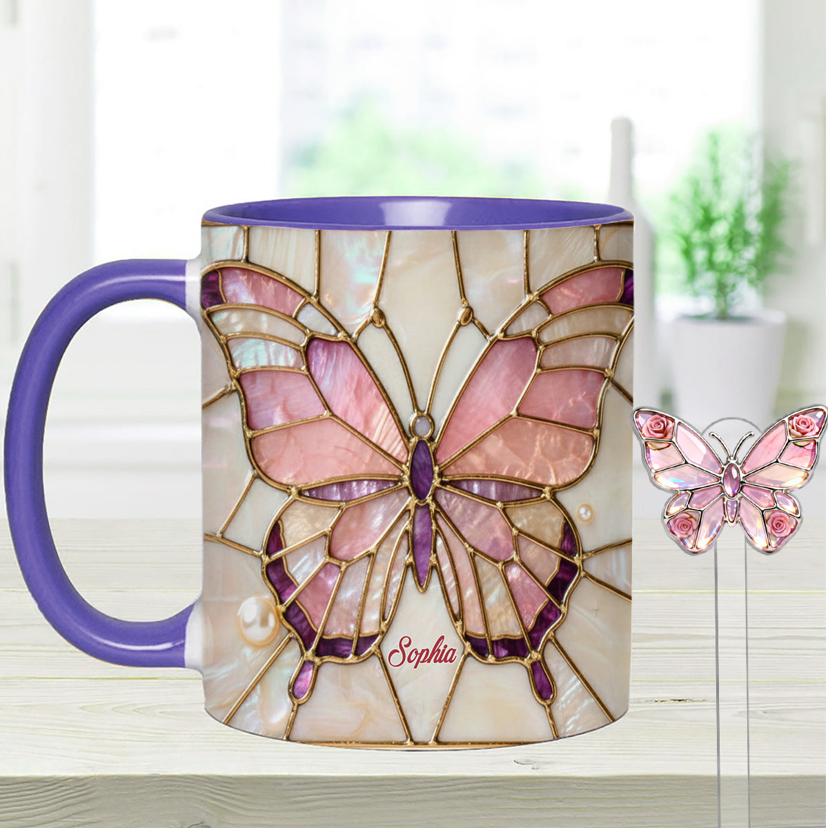 J'adore les papillons - Mug décoratif personnalisé avec agitateurs en acrylique