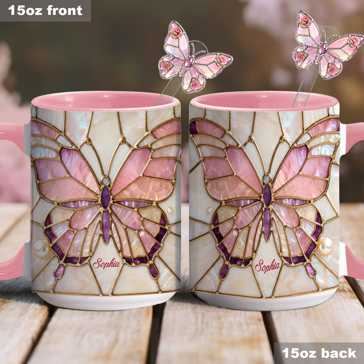 J'adore les papillons - Mug décoratif personnalisé avec agitateurs en acrylique