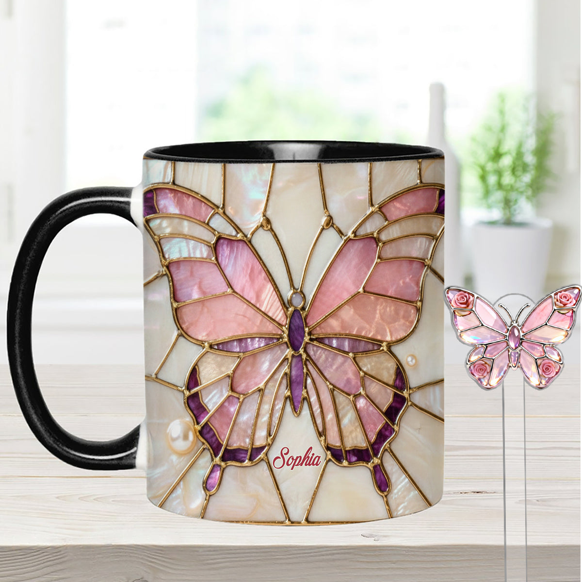 J'adore les papillons - Mug décoratif personnalisé avec agitateurs en acrylique