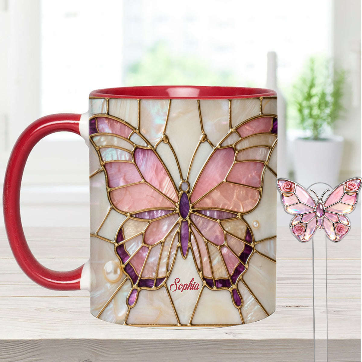 J'adore les papillons - Mug décoratif personnalisé avec agitateurs en acrylique