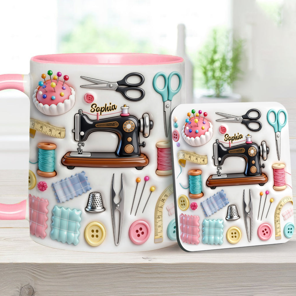 J'adore coudre - Mug et sous-verre personnalisés sur le thème de la couture