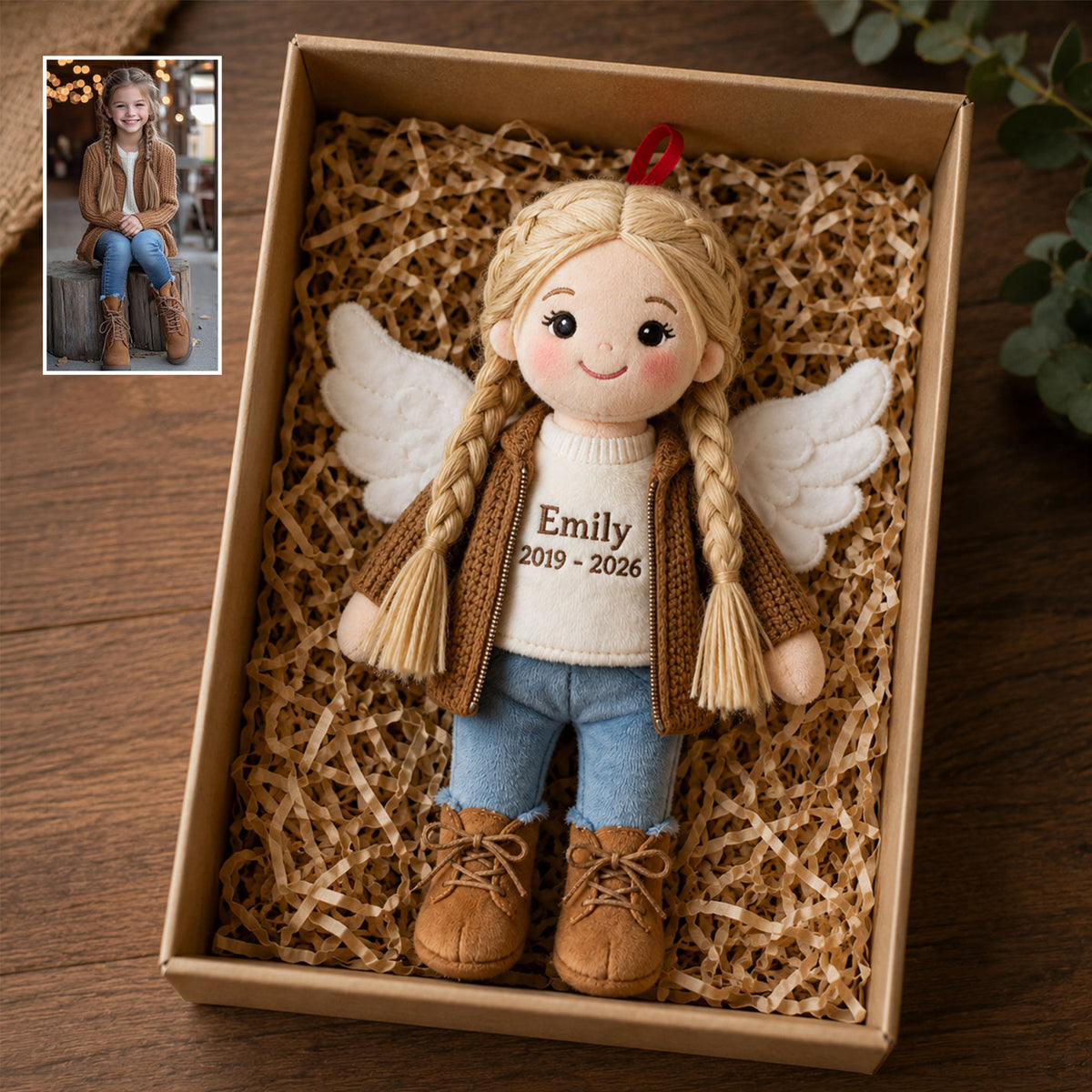 Gedenkgeschenkset - Personalisierter Fellkissen & Plüschornament & Plakette