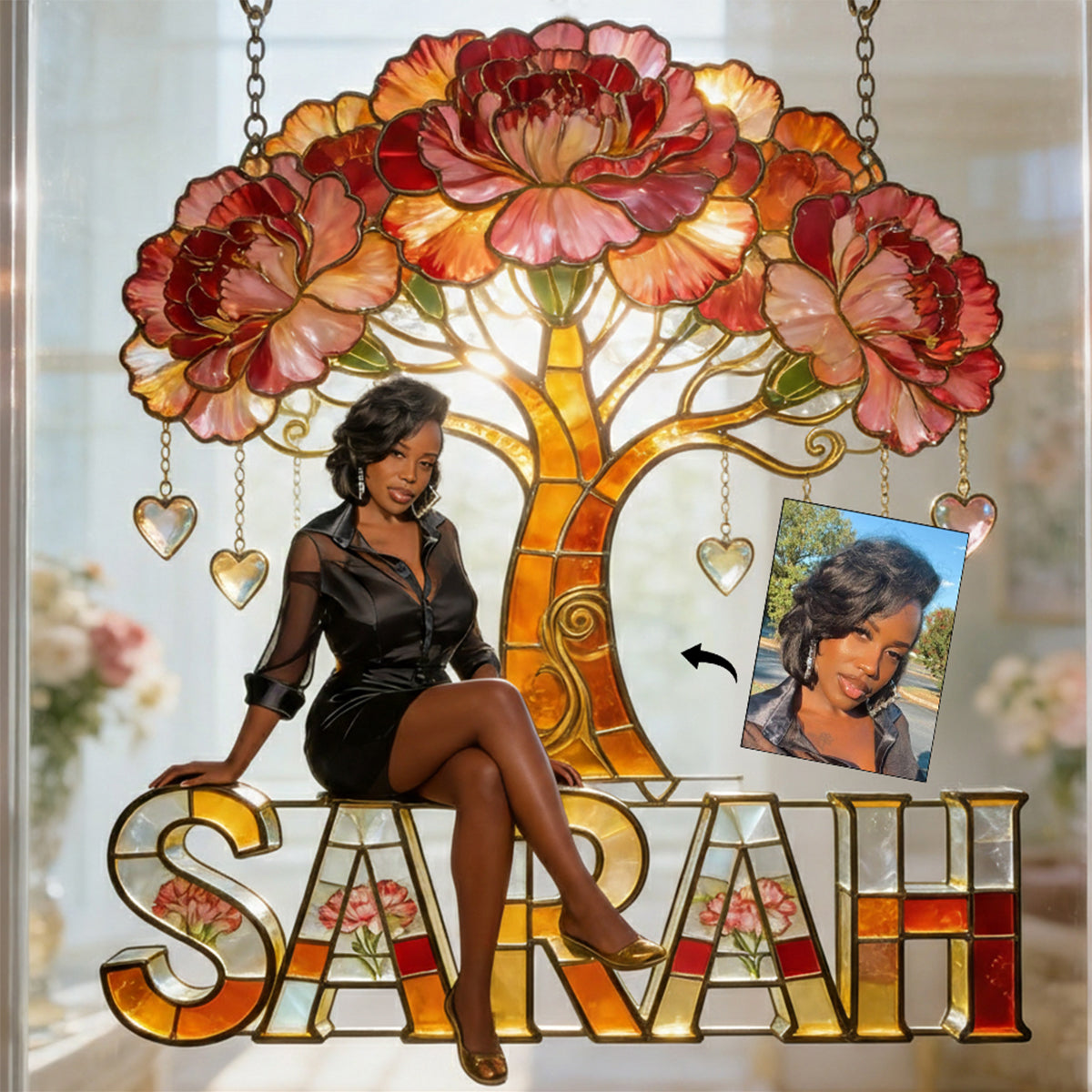 Geburtsmonatsblume mit Foto – Personalisierter Fensterhänger mit Selbstliebe-Sonnenfänger 