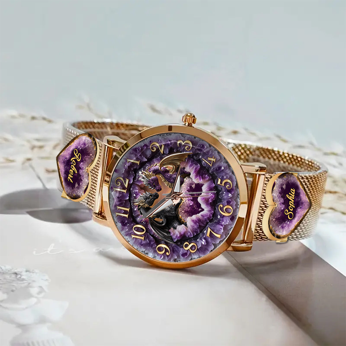 Du und ich, wir schaffen das – Personalisierte Drachen-Damenhanduhr mit Armbandanhängern