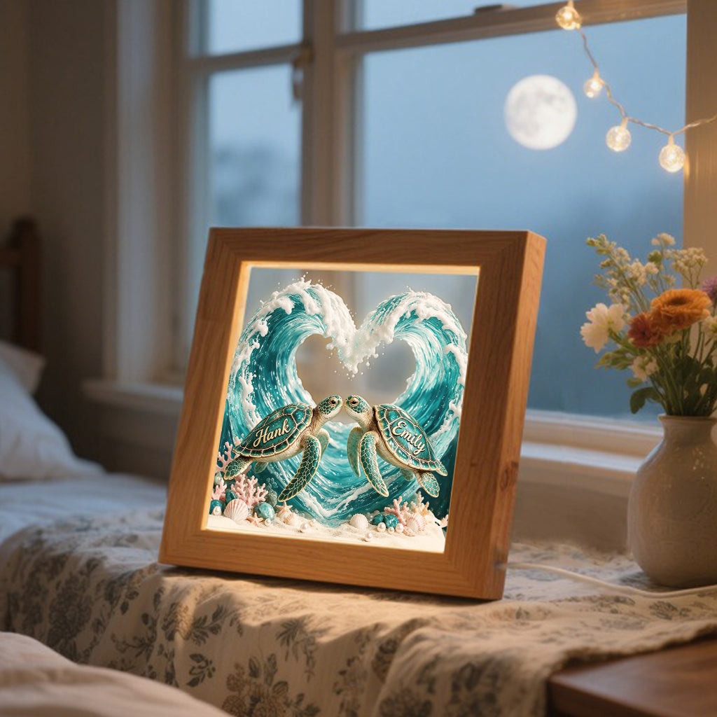Beautiful Turtle Couple - Personalized Turtle Wooden Frame LED Light