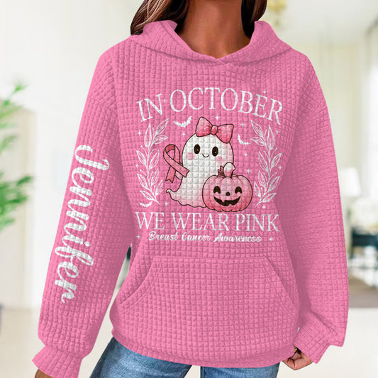 In October We Wear Pink Cute Ghost - Personalized Breast Cancer Awareness Waffle Hoodie