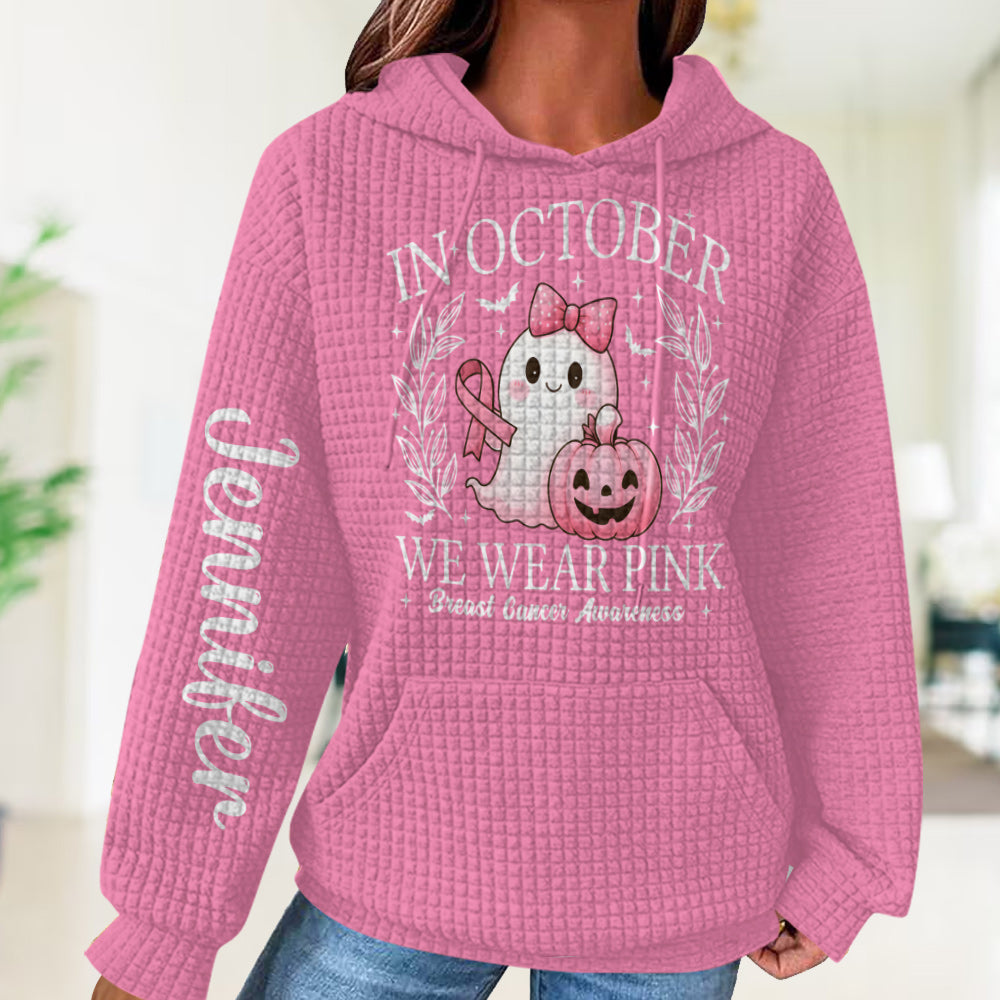 In October We Wear Pink Cute Ghost - Personalized Breast Cancer Awareness Waffle Hoodie