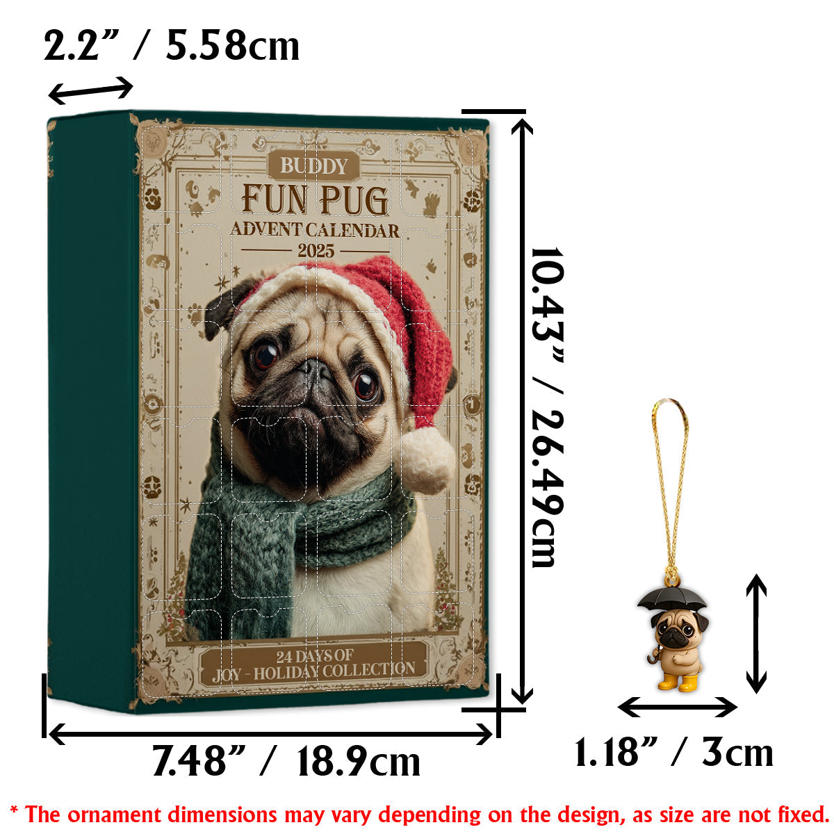 Christmas Fun Pug - Personalized Dog Advent Calendar With Ornaments
