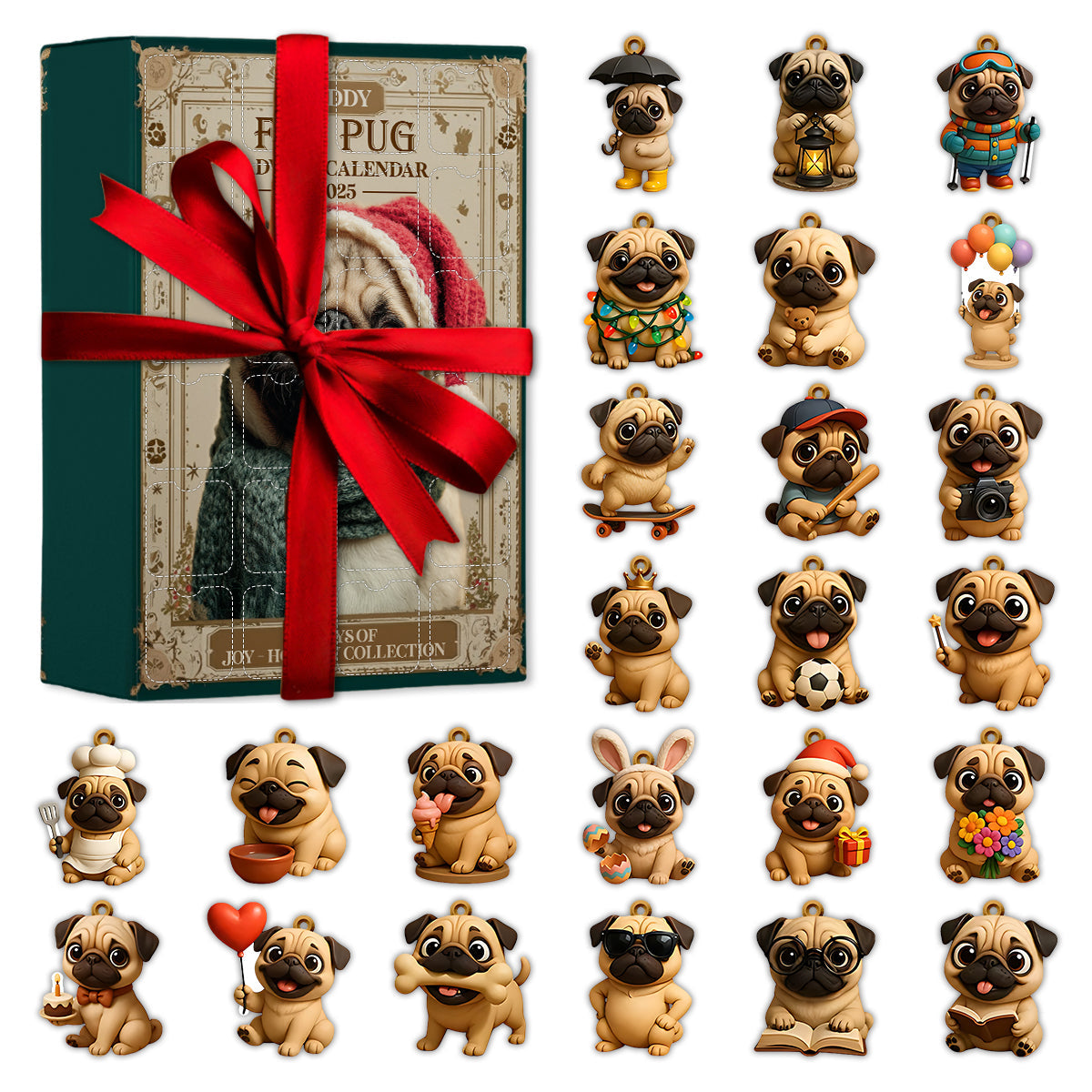Christmas Fun Pug - Personalized Dog Advent Calendar With Ornaments