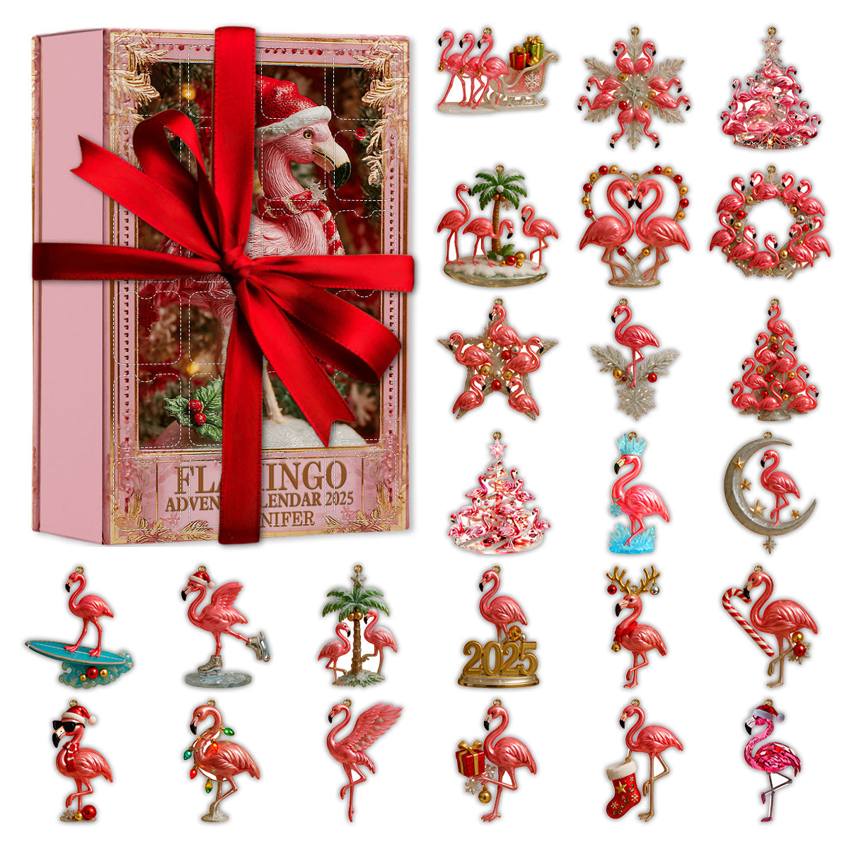 Weihnachtsflamingo – Personalisierter Flamingo-Adventskalender mit Ornamenten