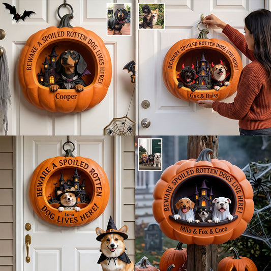 Chiens en Costumes d'Halloween Citrouille - Panneau en Bois Personnalisé