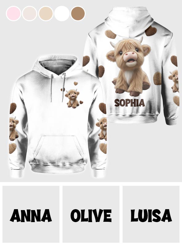 Niedliches Hochlandrind - Personalisiertes T-Shirt mit Hochlandrind-Allover-Print