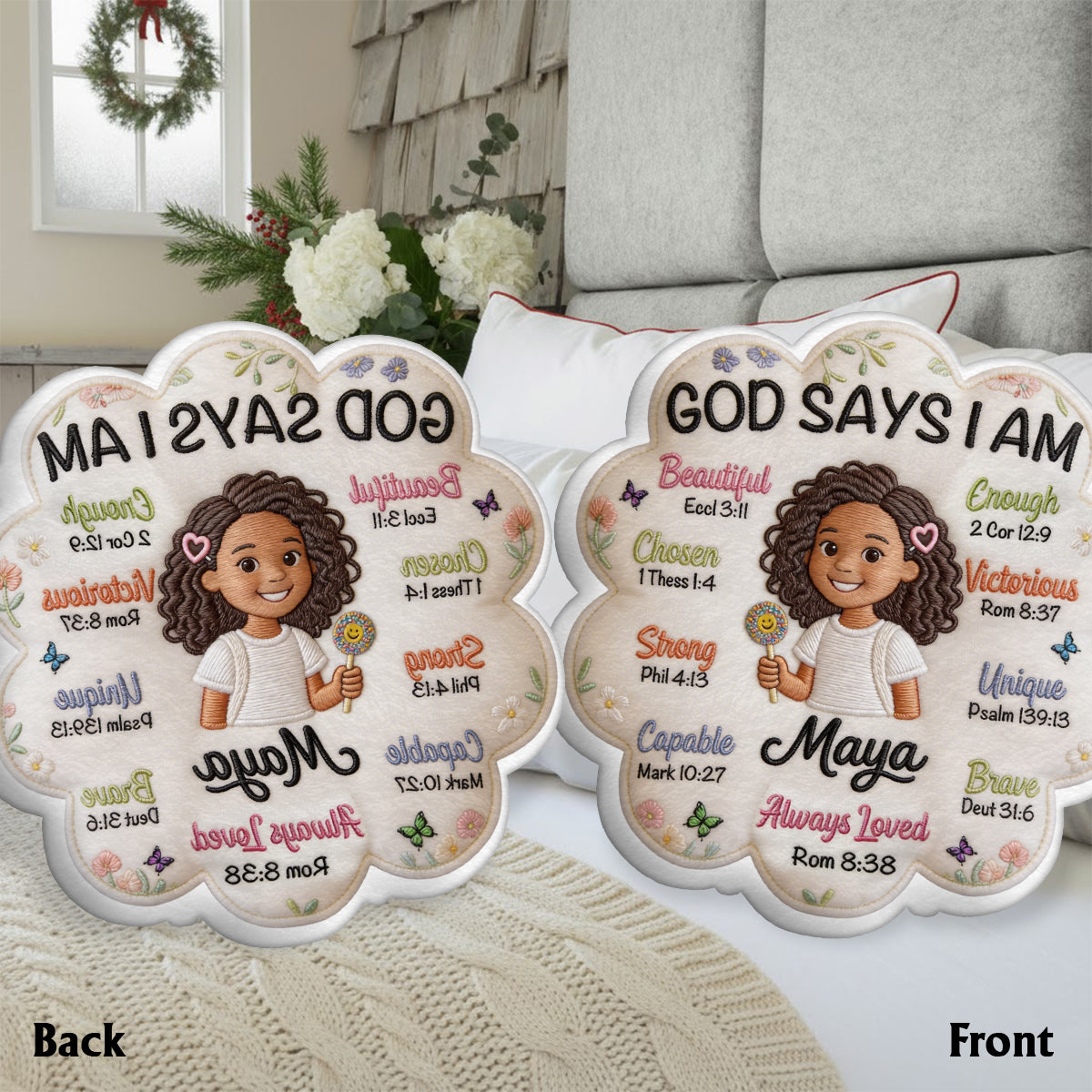 God Says I Am - Affirmation Gift - Personalized Kid Faux Fur Shaped Pillow