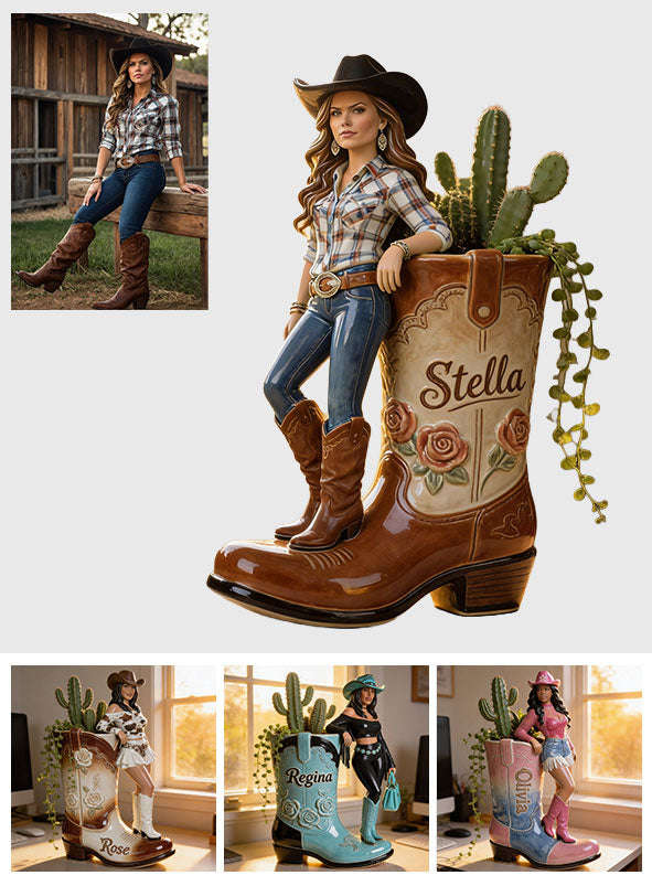 Custom Any Photo Cowgirl Style - Personalized Cowgirl Acrylic Pot