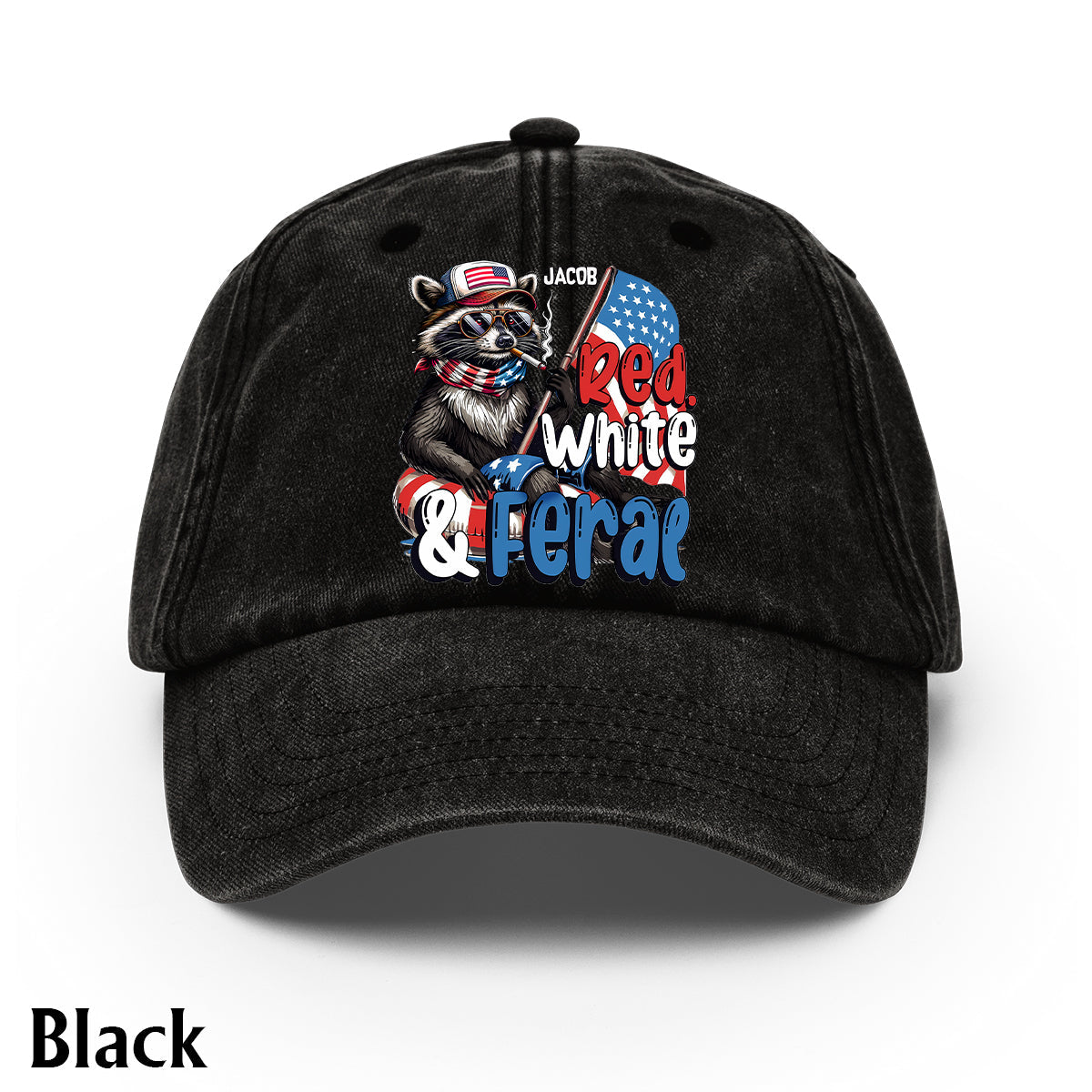 Red, White & Feral Racoon - Personalized Independence Day/ 4th of July Washed Denim Cap