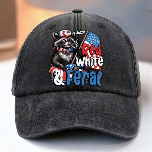 Rot, Weiß & Wilder Waschbär – Personalisierte Jeanskappe zum Unabhängigkeitstag/4. Juli