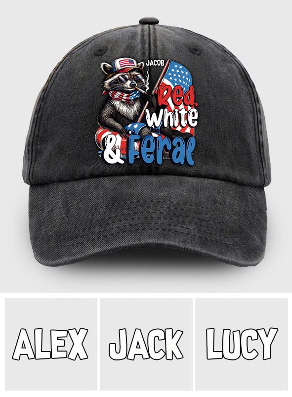 Red, White & Feral Racoon - Personalized Independence Day/ 4th of July Washed Denim Cap