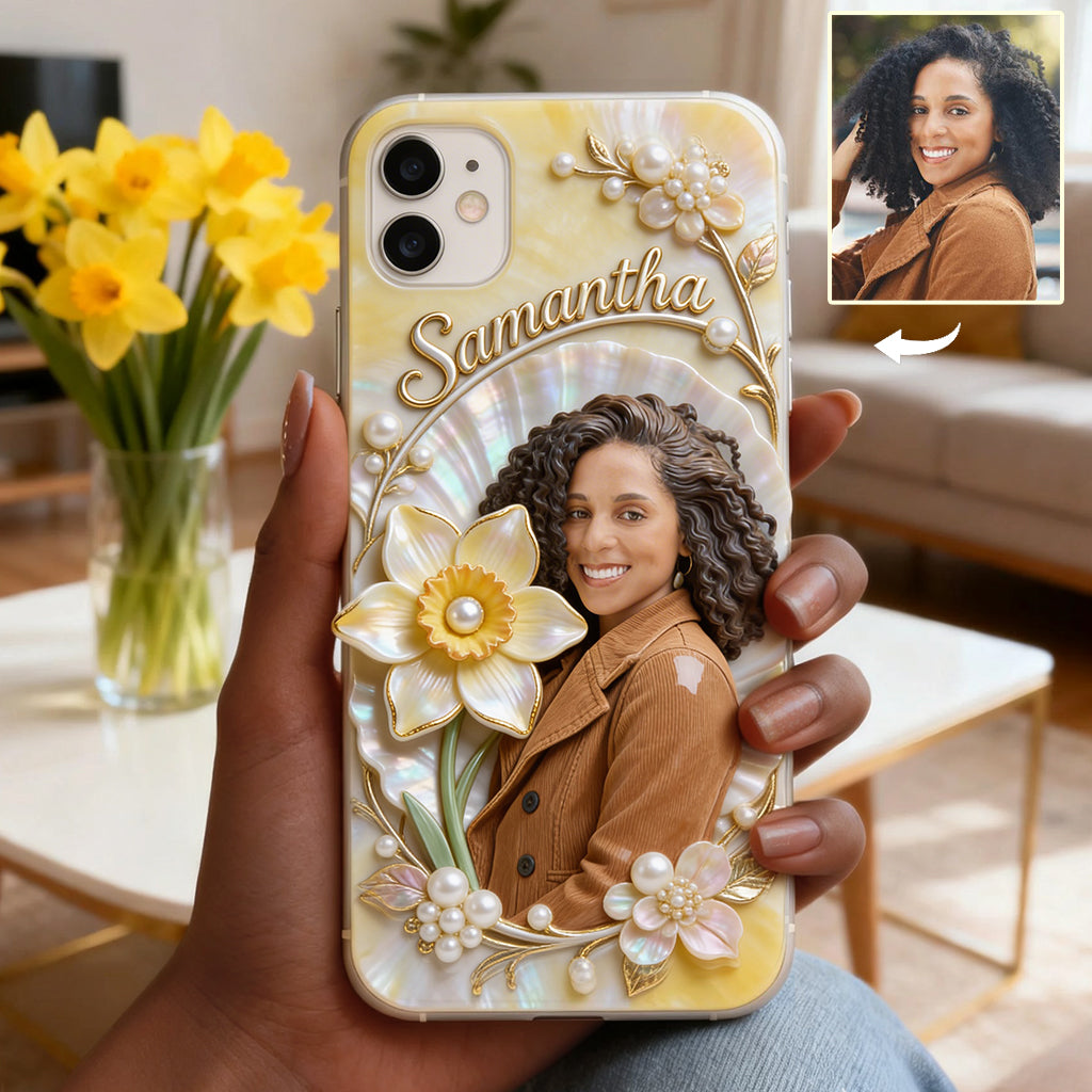 Coque de téléphone personnalisée avec photo et fleur de naissance - Impression intégrale « Amour de soi »